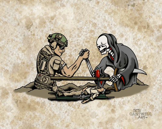 Print artwork titled "Medic Arm Wrestling The Grim Reaper" by Ben Cantwell Art, featuring a detailed illustration of an arm wrestling scene.
