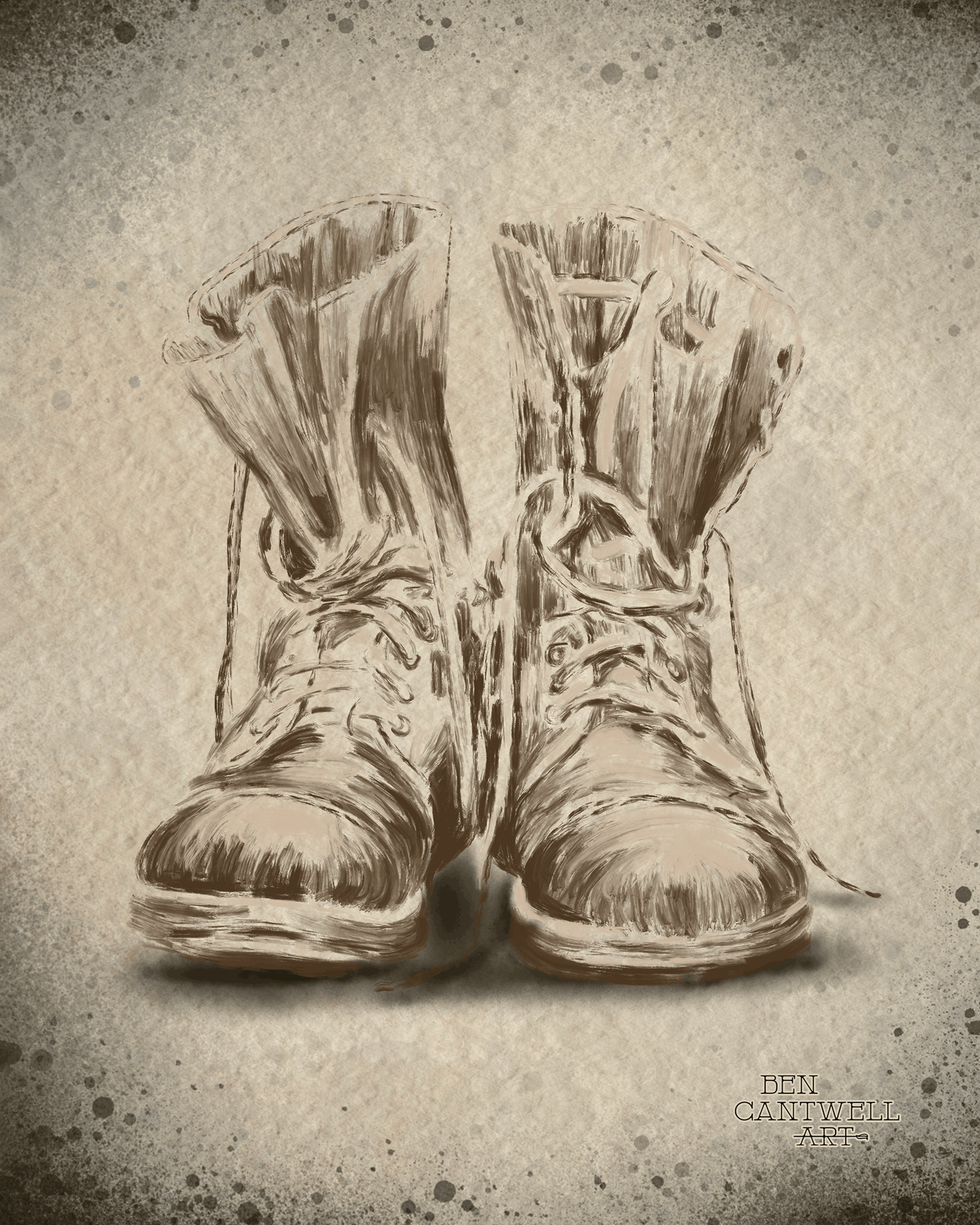 Print of Veterans Day boots artwork by Ben Cantwell Art, featuring patriotic themed footwear in a detailed, artistic style.