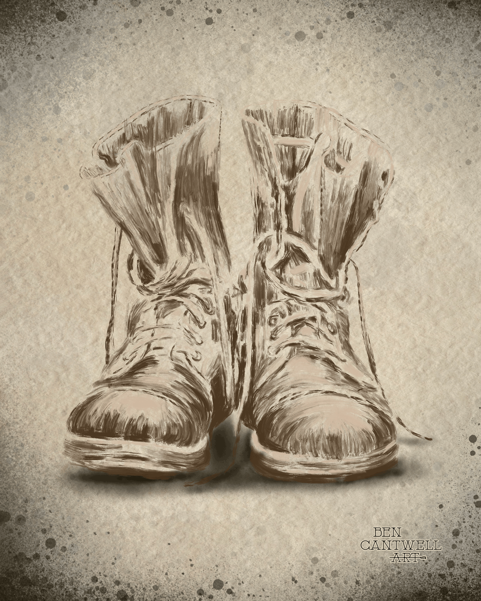 Print of Veterans Day boots artwork by Ben Cantwell Art, featuring patriotic themed footwear in a detailed, artistic style.