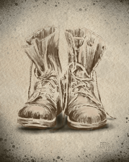 Print of Veterans Day boots artwork by Ben Cantwell Art, featuring patriotic themed footwear in a detailed, artistic style.