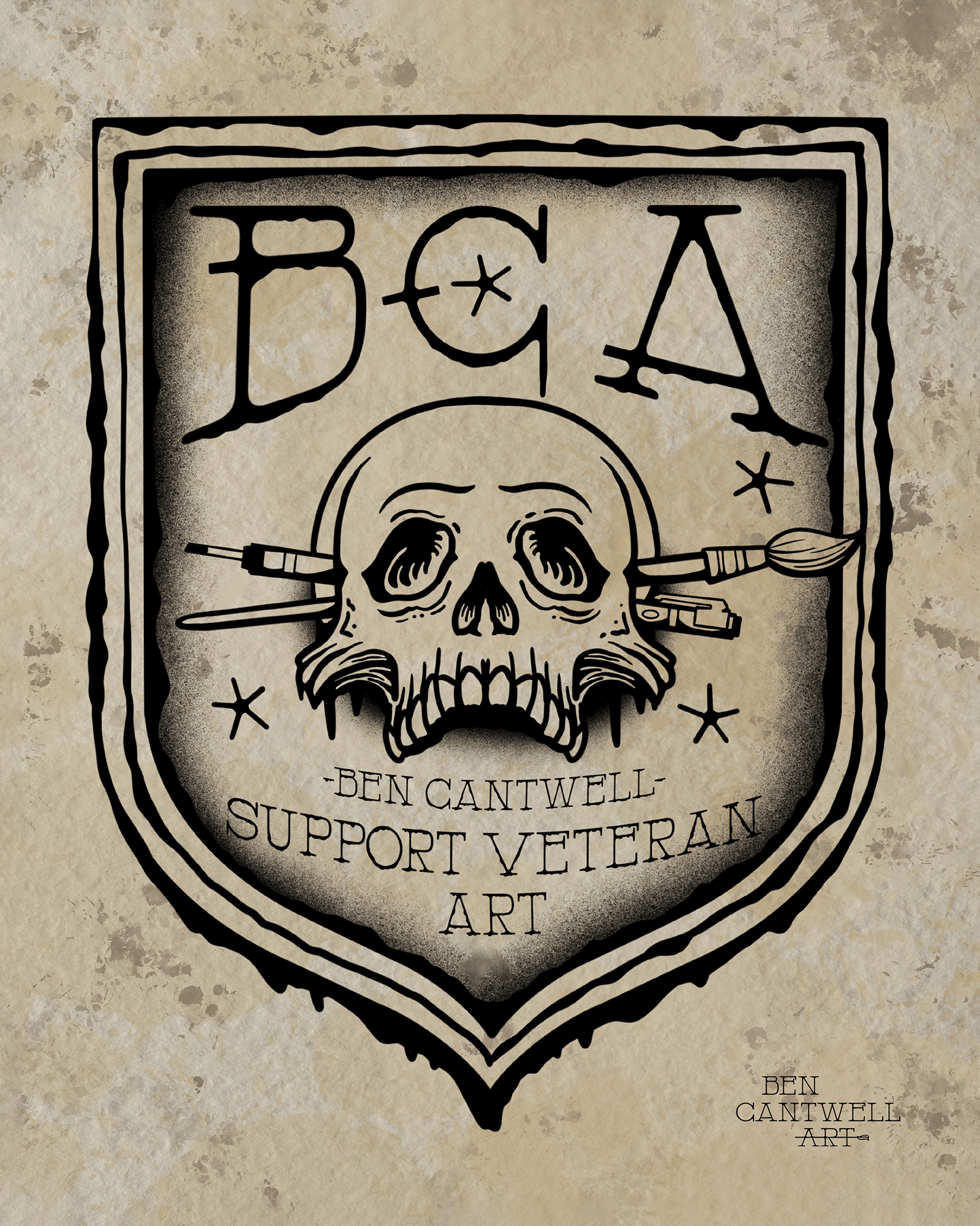 Print featuring the Ben Cantwell Art logo supporting veteran art, showcasing a detailed, professional design in black and white.