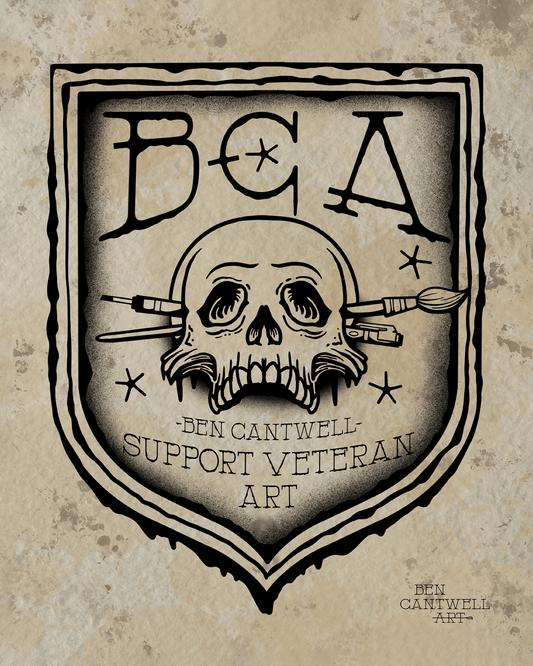 Print featuring the Ben Cantwell Art logo supporting veteran art, showcasing a detailed, professional design in black and white.