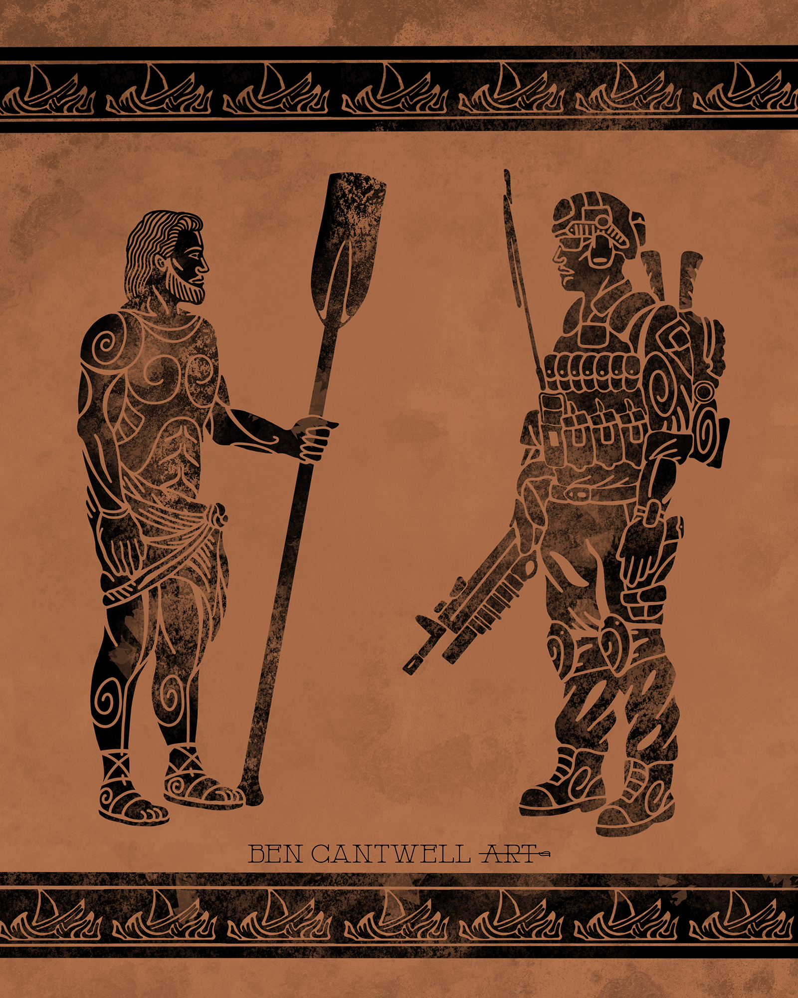 Print of ancient and modern warrior, featuring Odysseus with an oar, by Ben Cantwell Art, showcasing Greek warrior imagery
