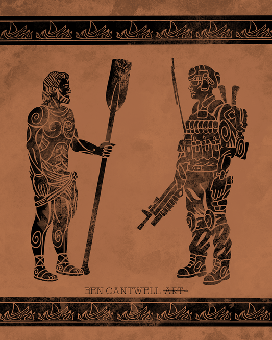 Print of ancient and modern warrior, featuring Odysseus with an oar, by Ben Cantwell Art, showcasing Greek warrior imagery
