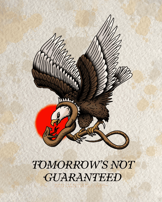 Print titled "Tomorrow's Not Guaranteed" by Ben Cantwell Art featuring abstract, colorful brushstrokes on high-quality paper.