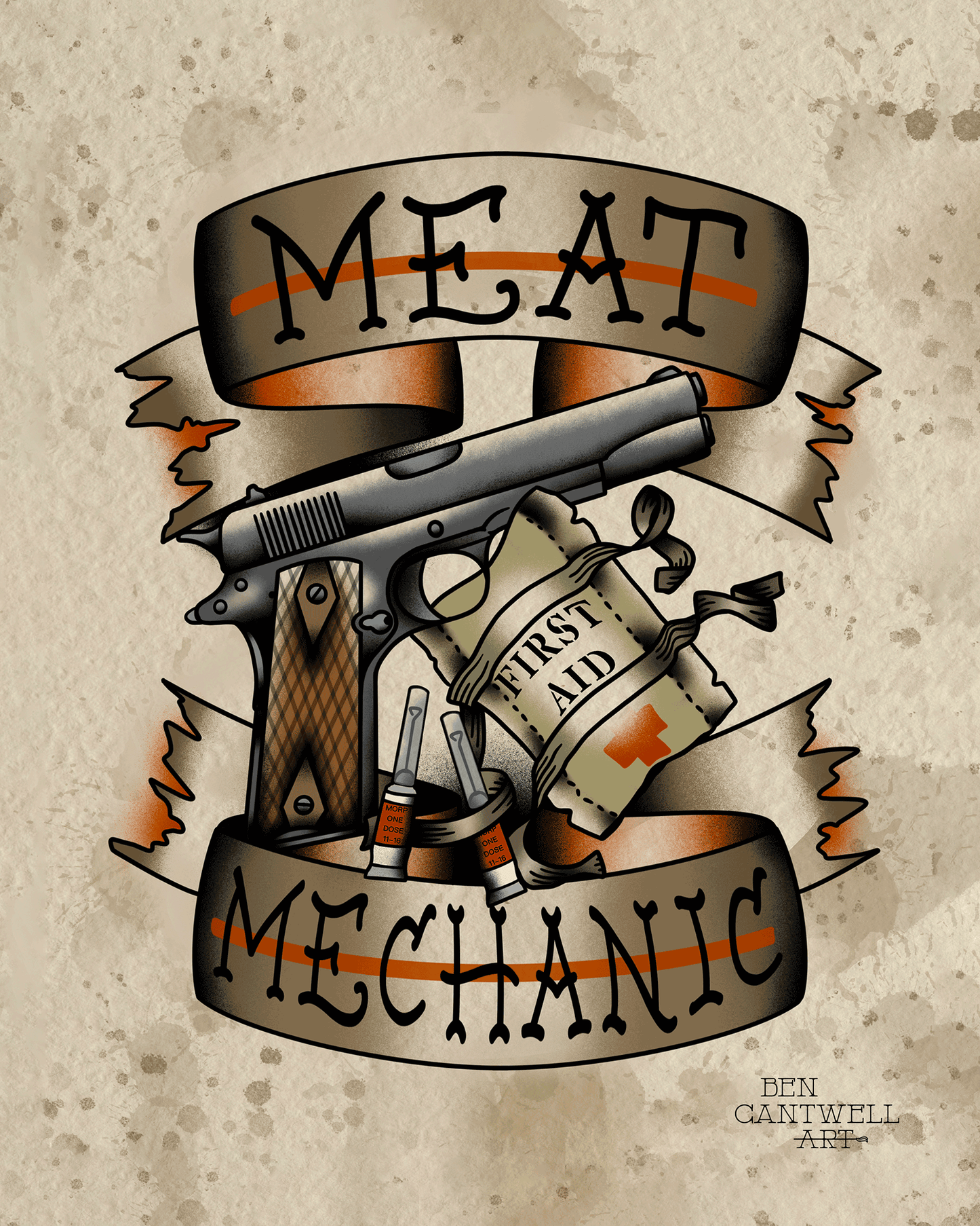 Colorful print titled "Meat Mechanic" by Ben Cantwell Art, featuring a detailed mechanical meat processing scene.