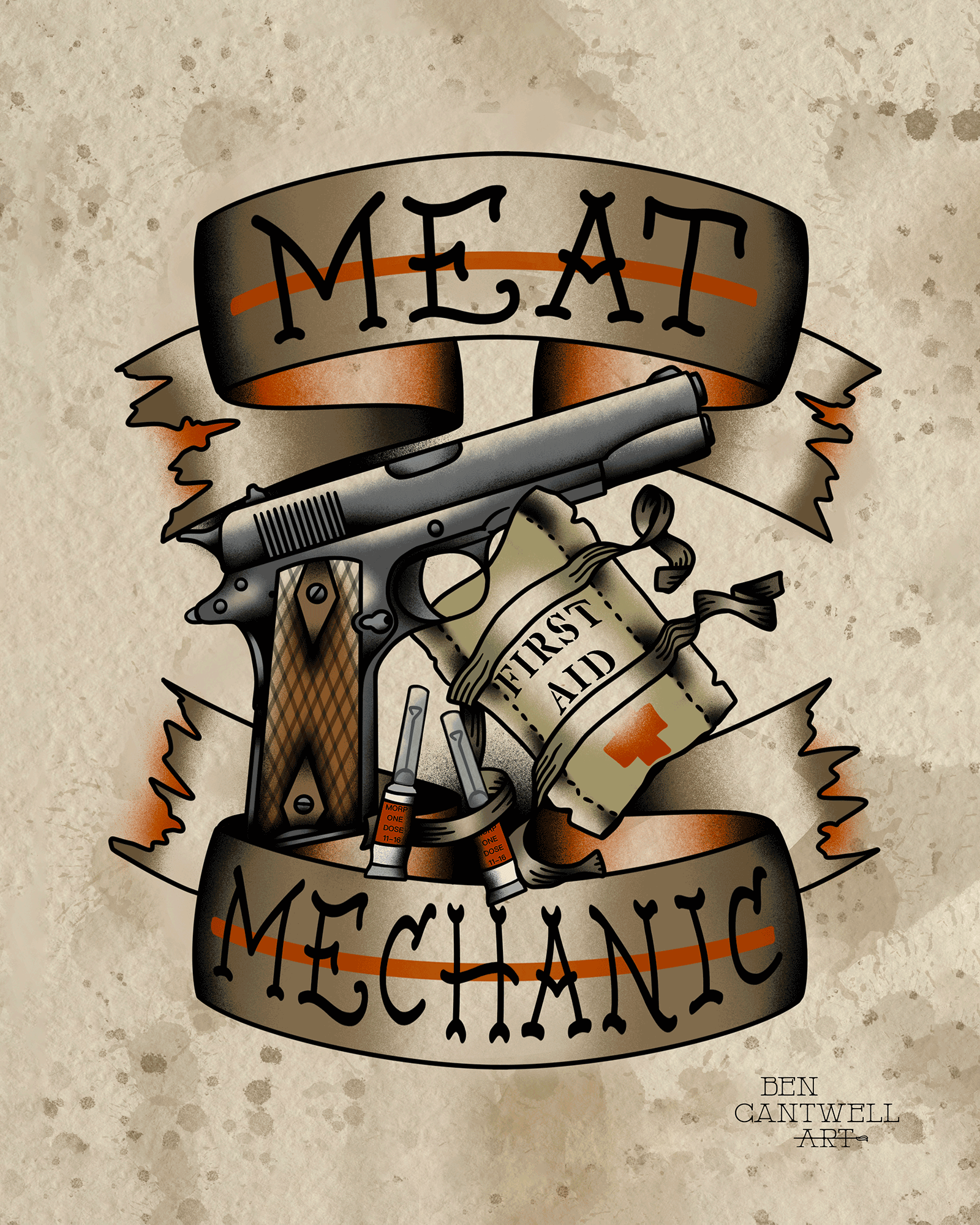 Colorful print titled "Meat Mechanic" by Ben Cantwell Art, featuring a detailed mechanical meat processing scene.