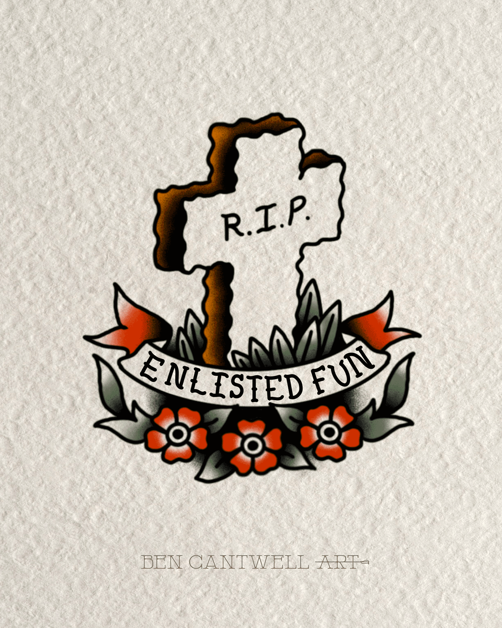 Print artwork titled RIP Enlisted Fun Cross by Ben Cantwell Art featuring a colorful, humorous cross design with military-themed elements.