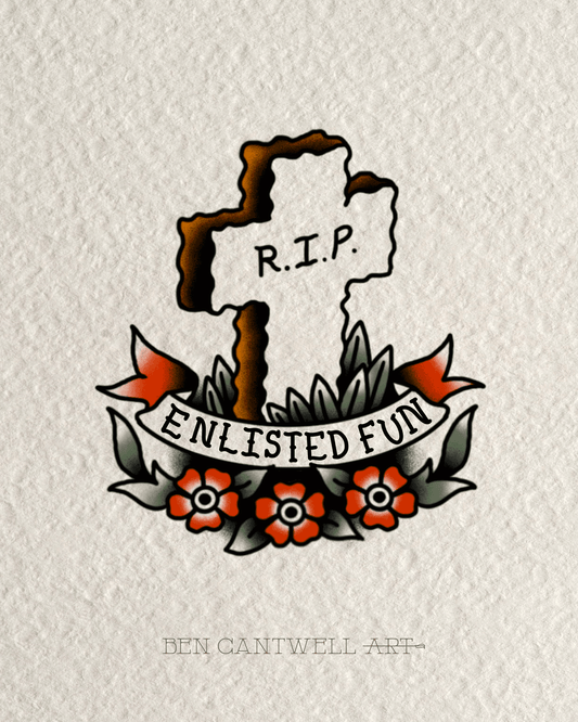 Print artwork titled RIP Enlisted Fun Cross by Ben Cantwell Art featuring a colorful, humorous cross design with military-themed elements.