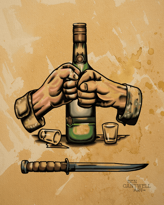 Remastered print titled "Born in an Bar" by Ben Cantwell Art, featuring vibrant, detailed artwork of a lively bar scene.