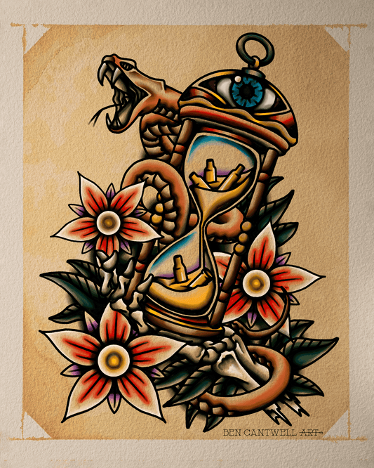 Print by Ben Cantwell Art featuring an hourglass, snake, flowers, and all-seeing eye with intricate, surreal design elements.
