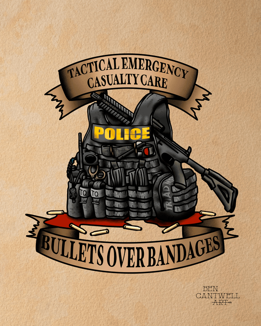 Print artwork titled Tactical Casualty Care - Bullets Over Bandages by Ben Cantwell Art, featuring military-themed bullet and bandage imagery.