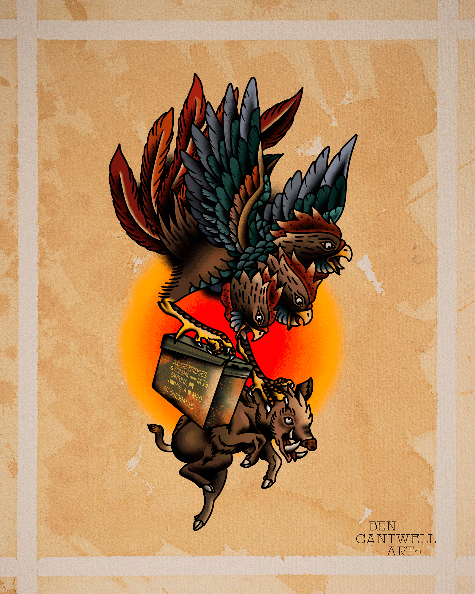 Print featuring a three-headed rooster, pig, and ammo can artwork by Ben Cantwell Art, with detailed, colorful illustrations.