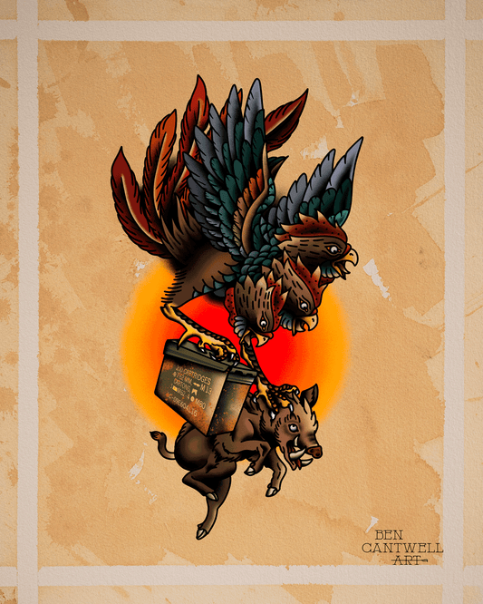 Print featuring a three-headed rooster, pig, and ammo can artwork by Ben Cantwell Art, with detailed, colorful illustrations.