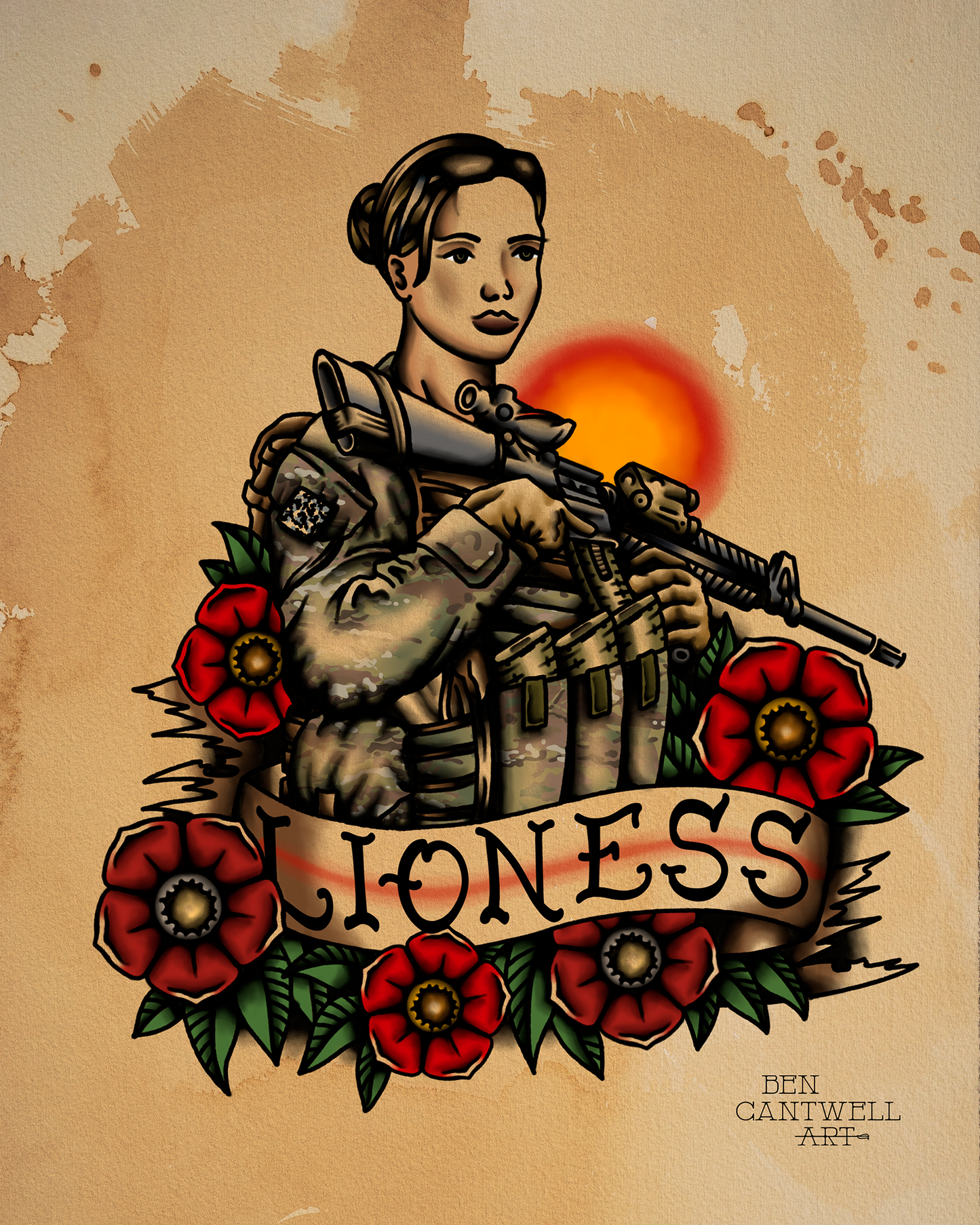Print titled Lioness Army by Ben Cantwell Art, featuring a detailed illustration of a fierce lioness with an army theme.