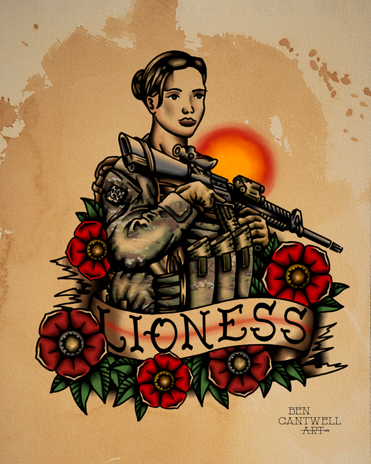 Print titled Lioness Army by Ben Cantwell Art, featuring a detailed illustration of a fierce lioness with an army theme.