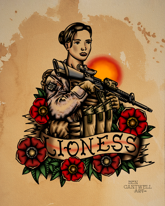 Colorful print of a fierce lioness Marine illustration by Ben Cantwell Art, showcasing detailed artwork and bold design.