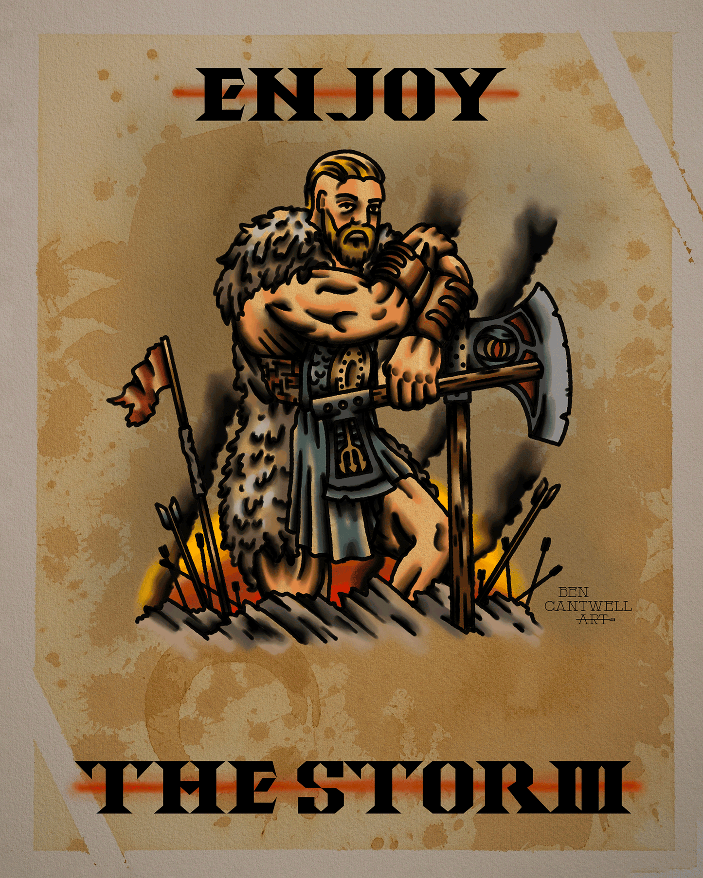 Print titled "Enjoy the Storm Viking" by Ben Cantwell Art featuring a detailed Viking warrior in a stormy scene.