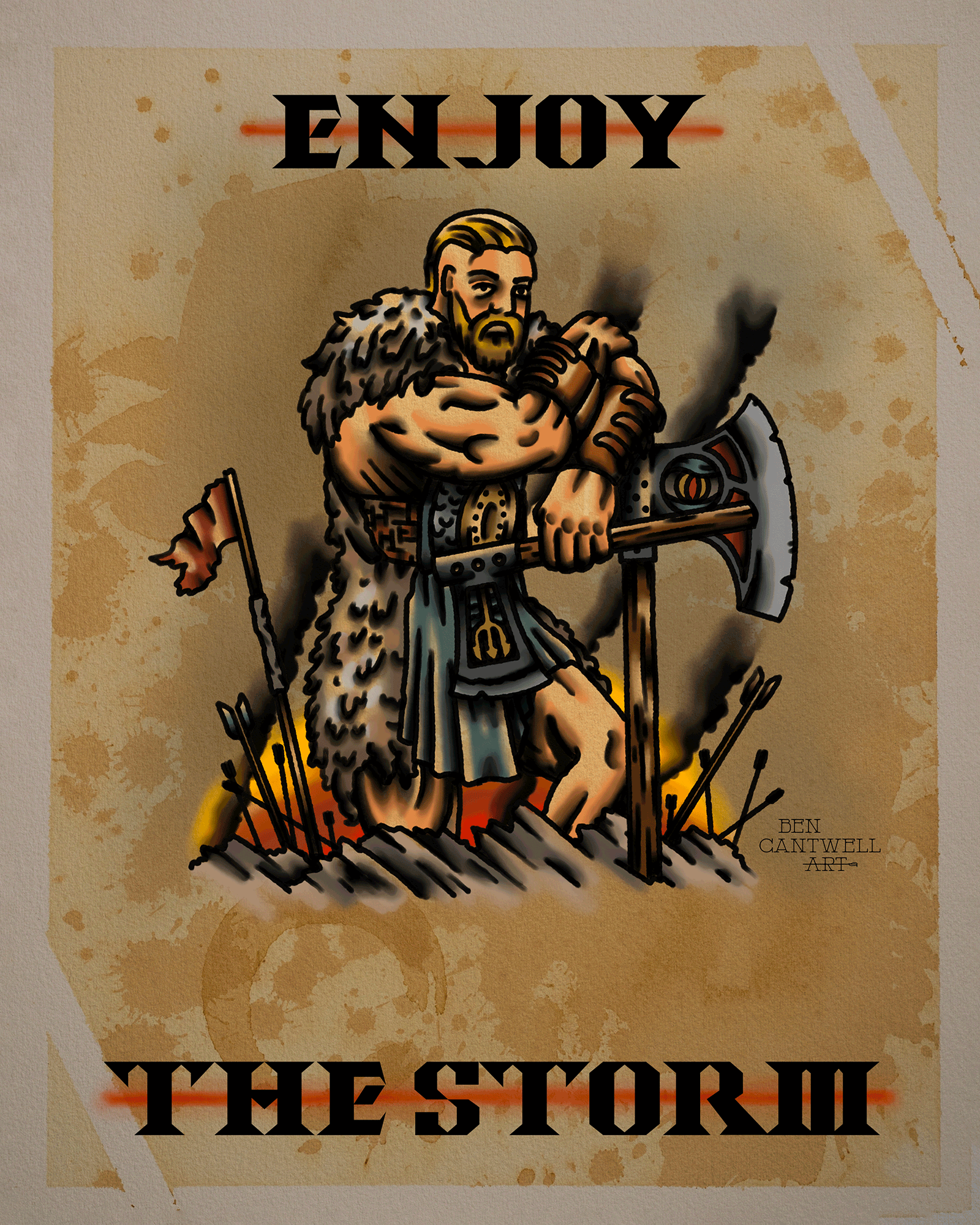Print titled "Enjoy the Storm Viking" by Ben Cantwell Art featuring a detailed Viking warrior in a stormy scene.