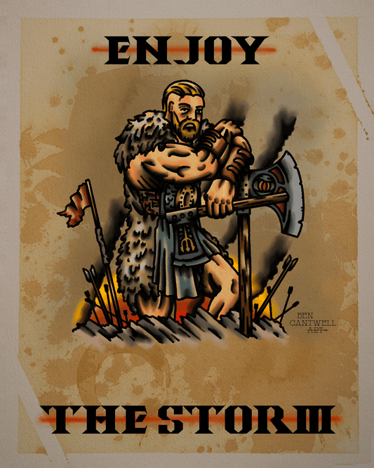 Print titled "Enjoy the Storm Viking" by Ben Cantwell Art featuring a detailed Viking warrior in a stormy scene.