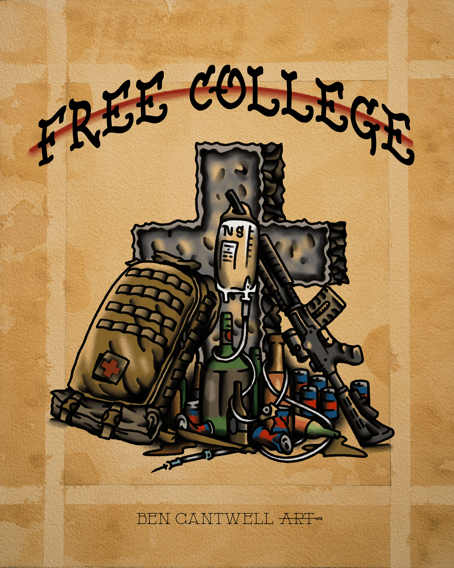 Print of a Free College Cross by Ben Cantwell Art, showcasing detailed line art on a white background.