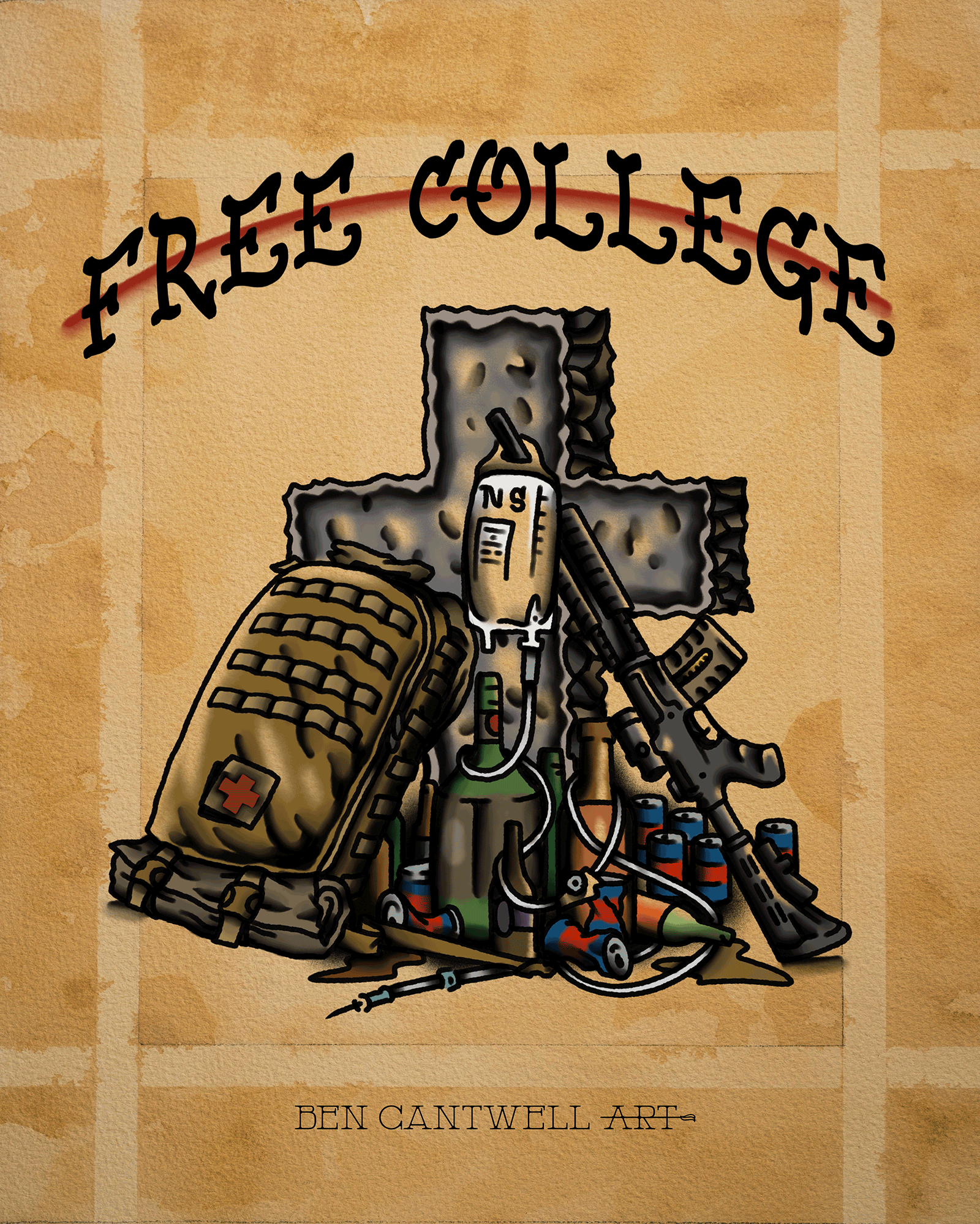 Print of a Free College Cross by Ben Cantwell Art, showcasing detailed line art on a white background.