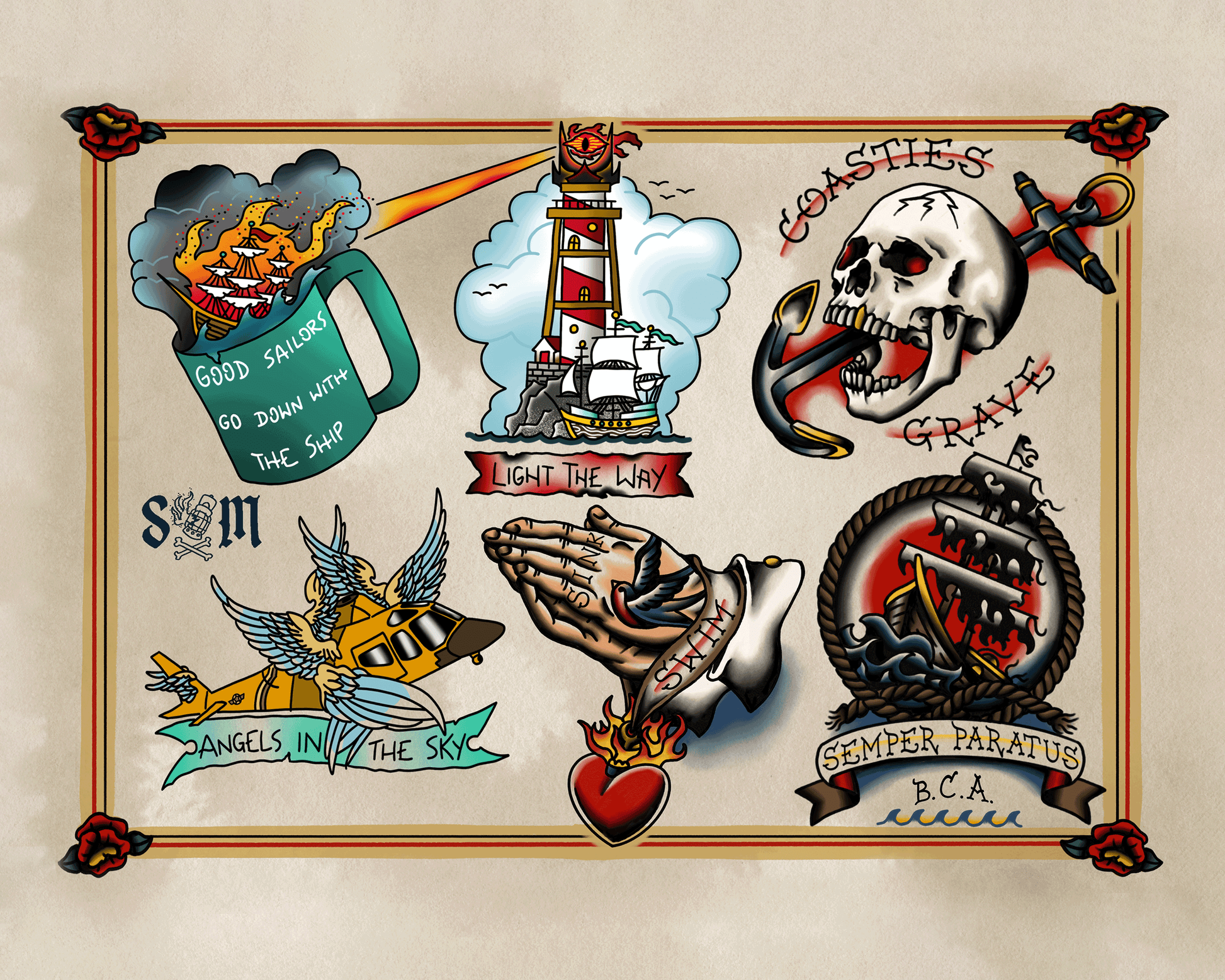 Ben Cantwell Art Coast Guard tattoo flash sheet print featuring nautical designs in collaboration with Seafaring Mercantile.