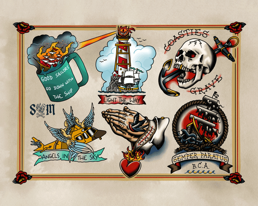 Ben Cantwell Art Coast Guard tattoo flash sheet print featuring nautical designs in collaboration with Seafaring Mercantile.