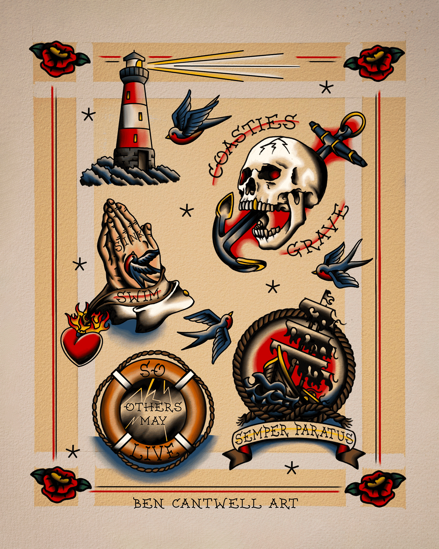 Colorful Coast Guard tattoo flash sheet by Ben Cantwell Art featuring nautical and maritime-themed tattoo designs.