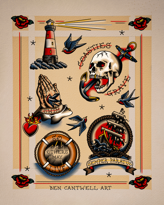 Colorful Coast Guard tattoo flash sheet by Ben Cantwell Art featuring nautical and maritime-themed tattoo designs.