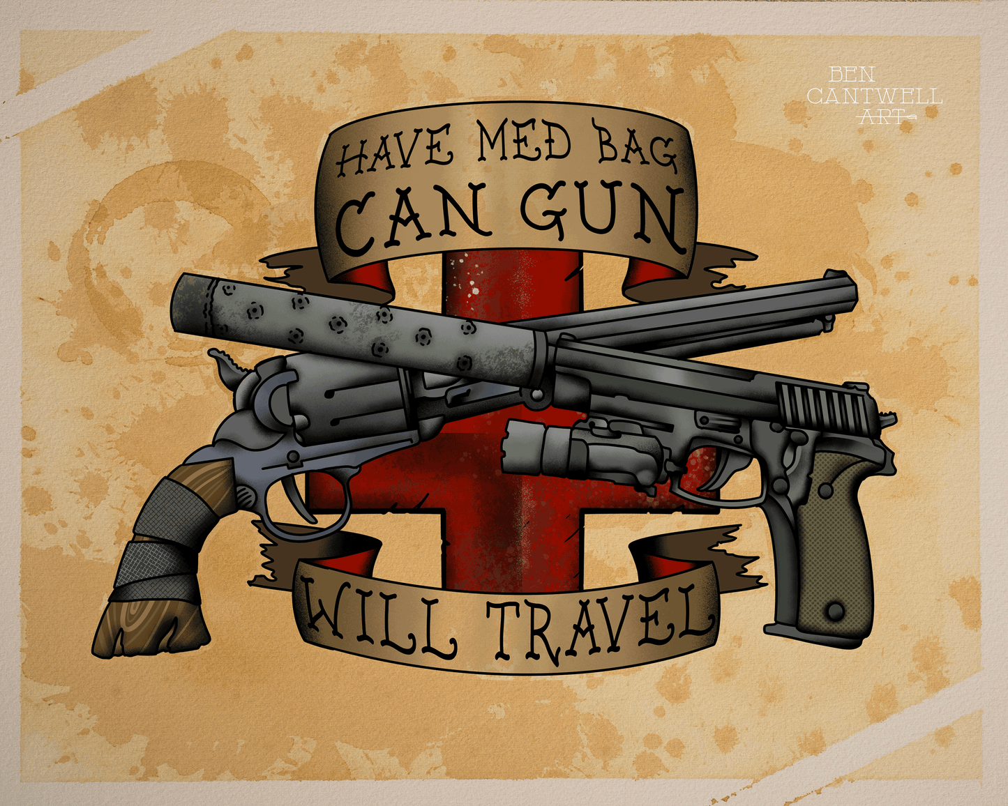 Print artwork by Ben Cantwell Art featuring a med bag, can gun, and travel theme with bold, colorful design elements.