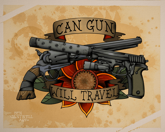 Colorful print titled "Can Gun, Will Travel" by Ben Cantwell Art featuring a vibrant illustration of a can gun.