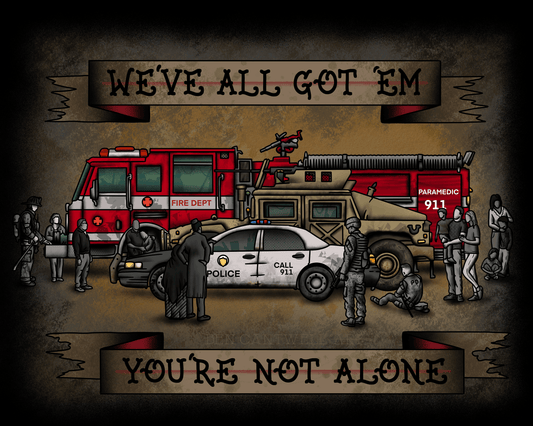 Print artwork by Ben Cantwell Art depicting PTSD ghosts with police car, Humvee, and fire engine scenes.