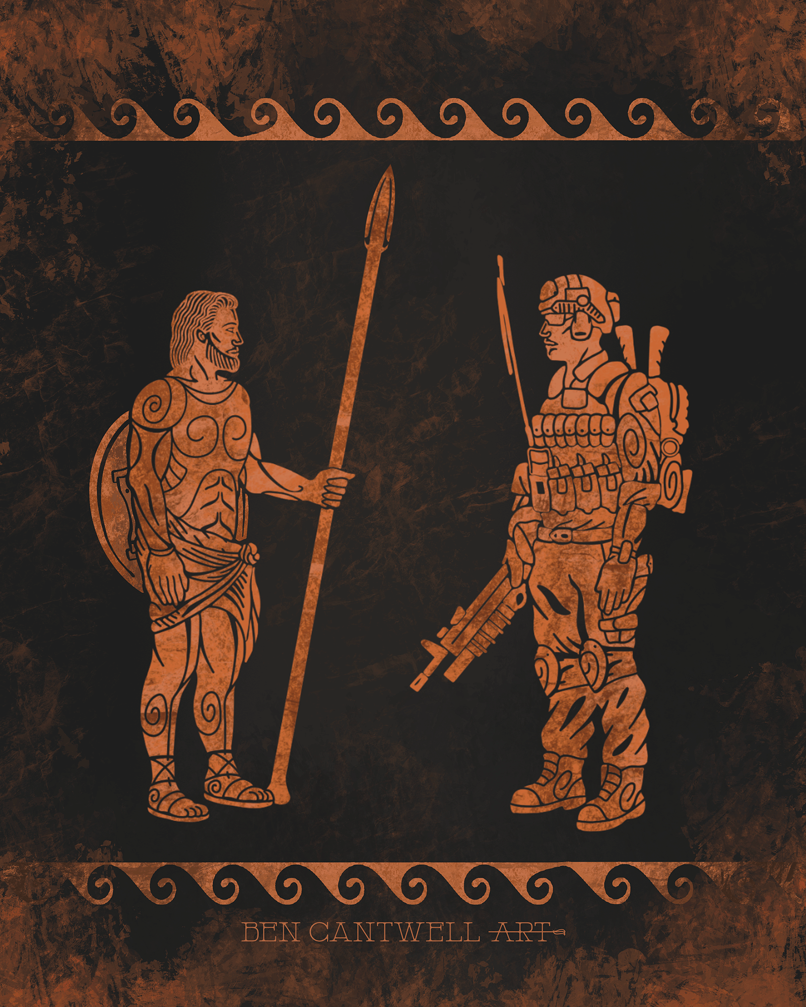 Print of a Greek warrior in ancient and modern armor by Ben Cantwell Art, showcasing detailed black and white artwork.