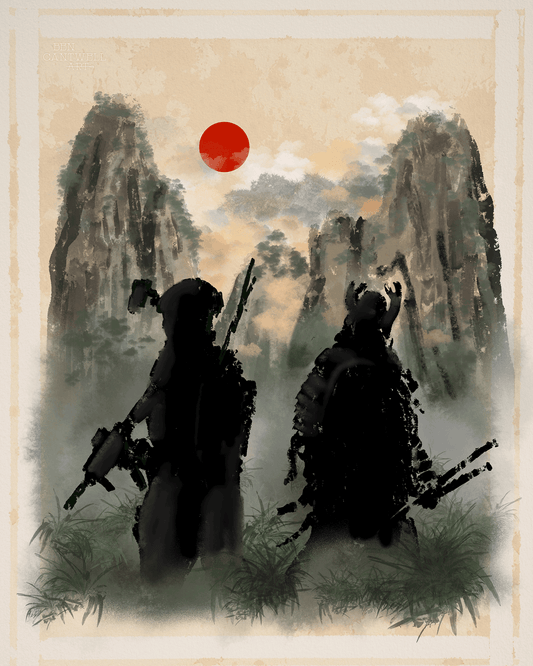 Print of a warrior samurai in ancient and modern armor by Ben Cantwell Art, showcasing detailed traditional and contemporary design.