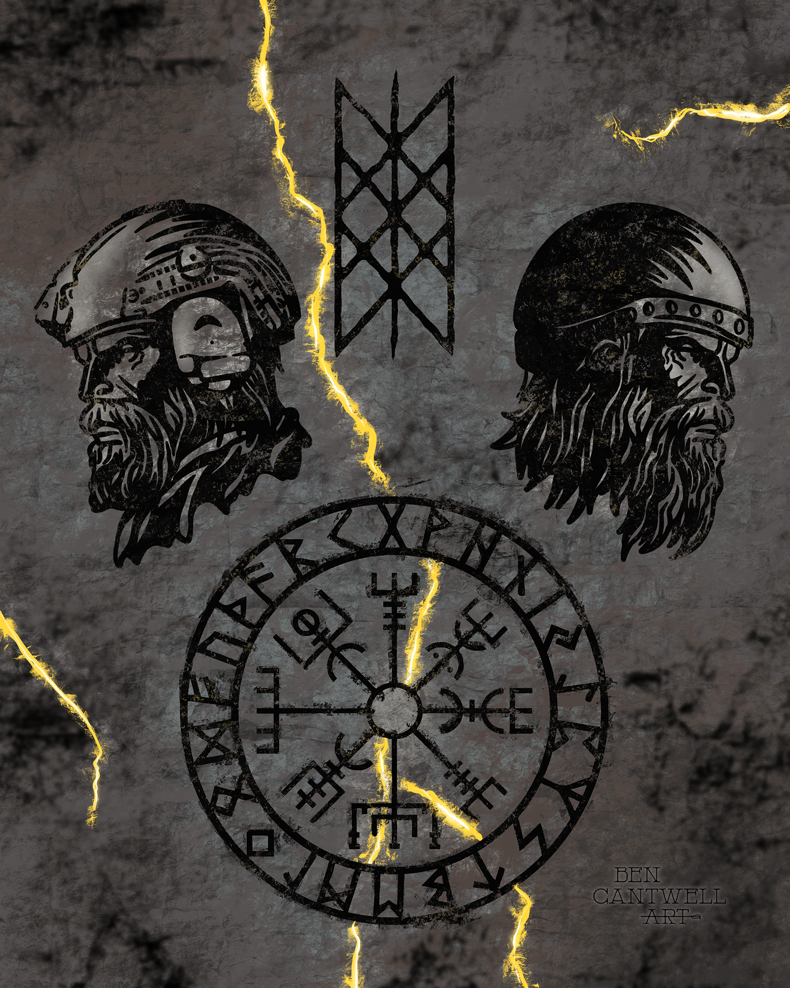 Viking warrior print by Ben Cantwell Art showing an ancient and modern warrior in detailed armor and weaponry.