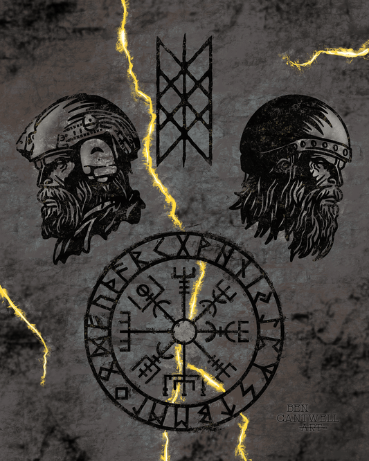 Viking warrior print by Ben Cantwell Art showing an ancient and modern warrior in detailed armor and weaponry.