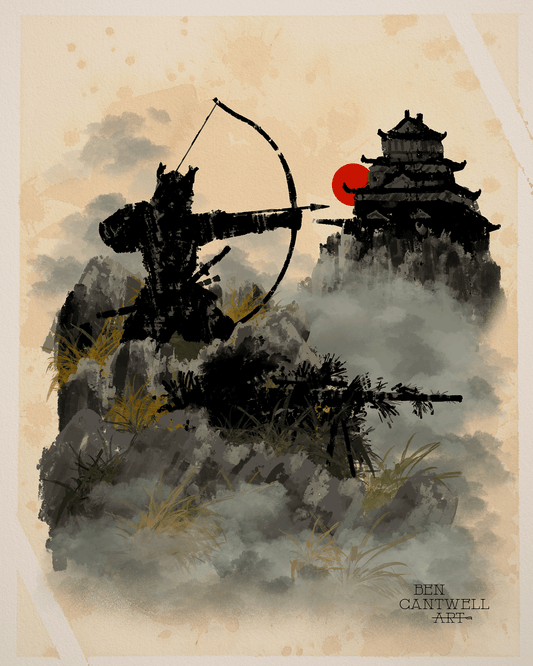 Print of a Japanese samurai archer and sniper blending ancient and modern warrior styles by Ben Cantwell Art.