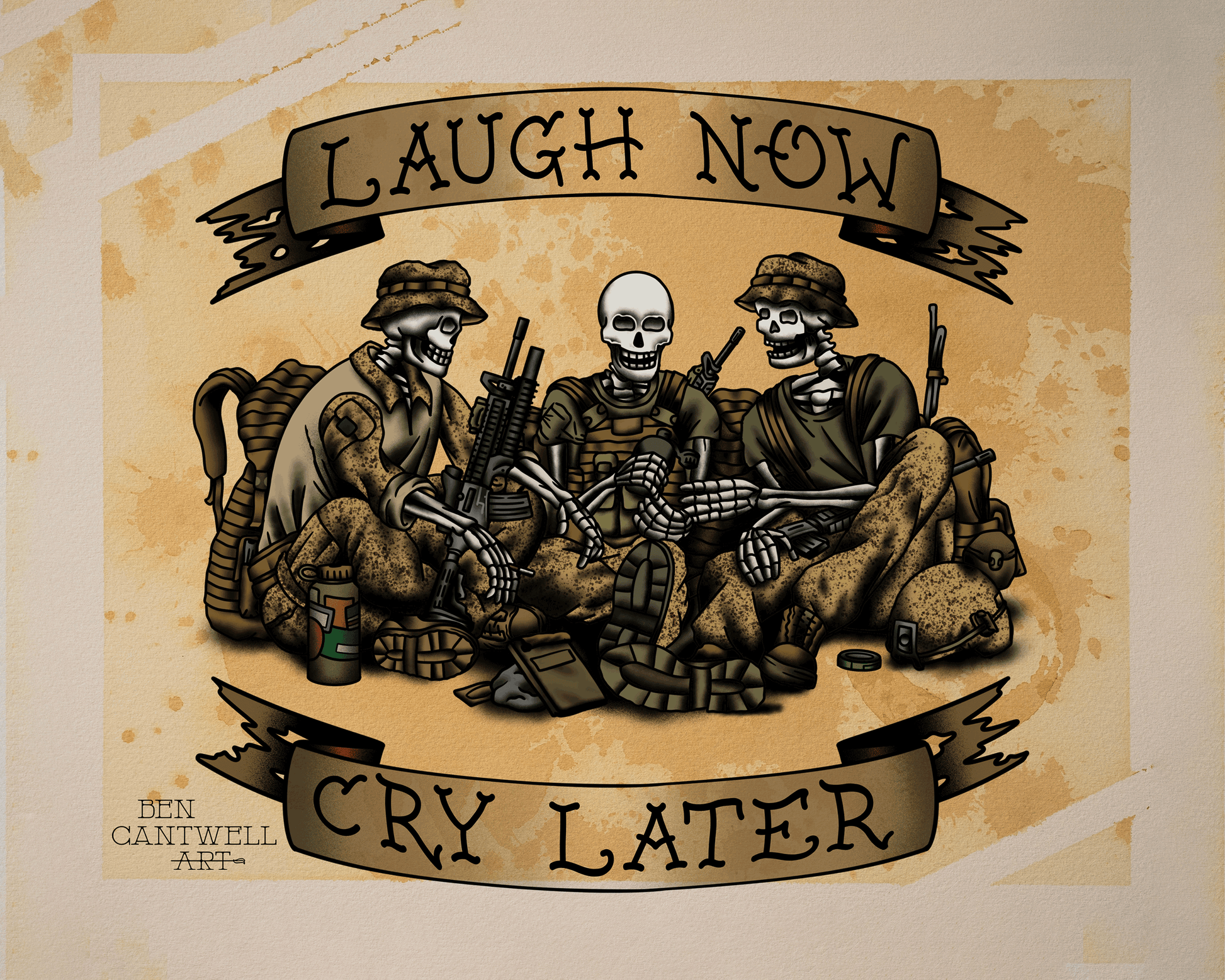Print featuring Laugh Now Cry Later Skeletons by Ben Cantwell Art, showcasing detailed skeletons with expressive poses.