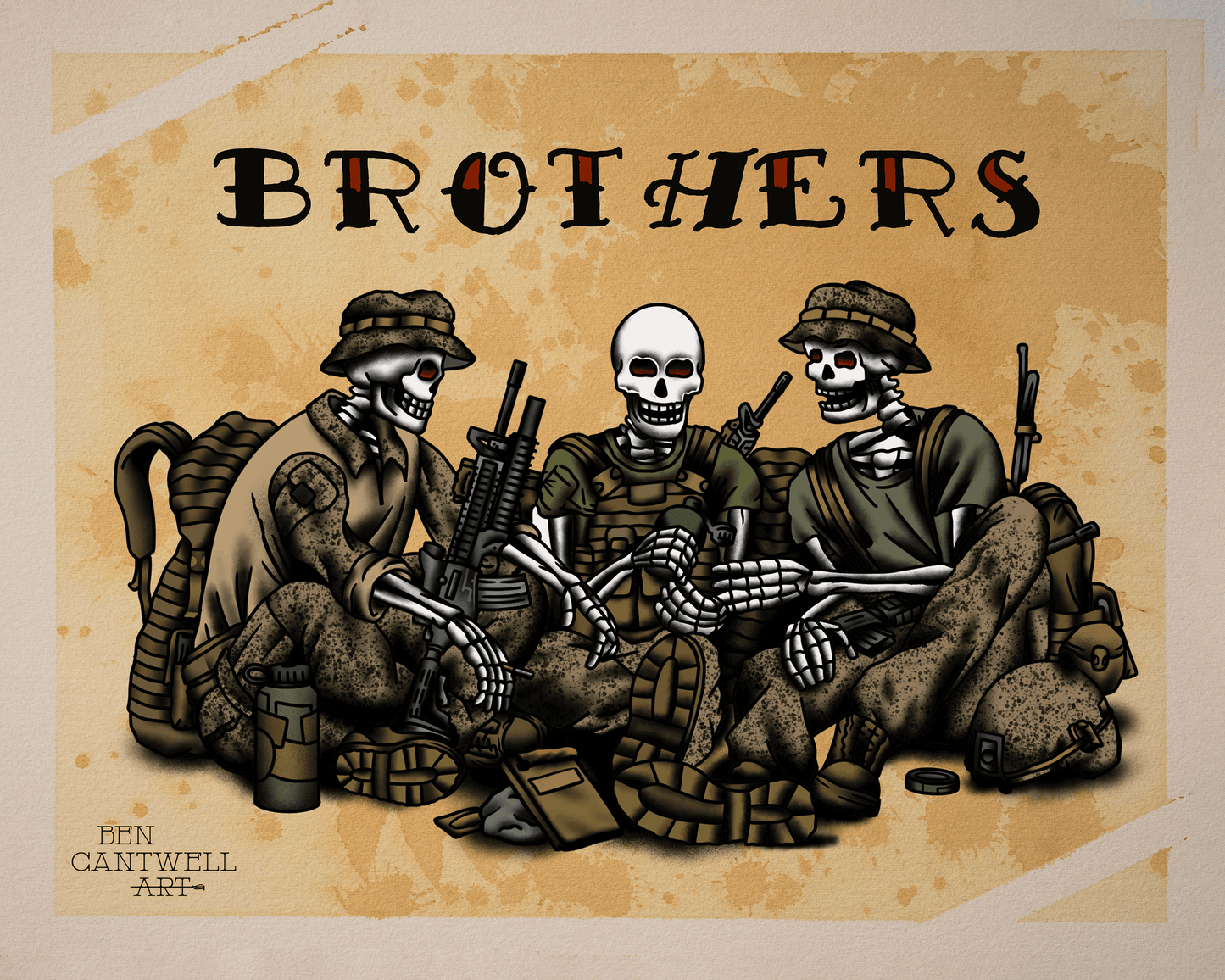 Print of two skeleton brothers by Ben Cantwell Art, featuring detailed skeletal figures in a monochrome style.