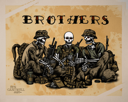Print of two skeleton brothers by Ben Cantwell Art, featuring detailed skeletal figures in a monochrome style.