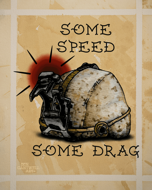 Remastered print titled "Some Speed Some Drag" by Ben Cantwell Art, featuring vibrant automotive racing imagery.