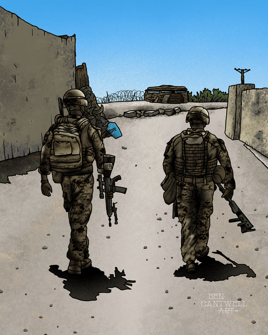 Print by Ben Cantwell Art depicting two Marines walking down a city street in a realistic, detailed scene.
