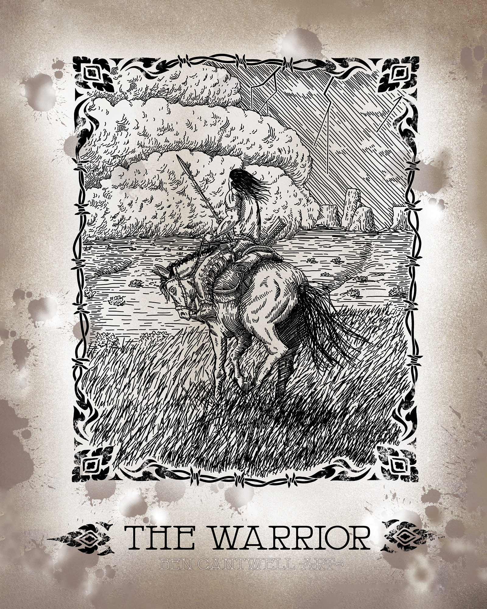 Print titled The Warrior by Ben Cantwell Art featuring a detailed illustration of a fierce warrior in dynamic pose.