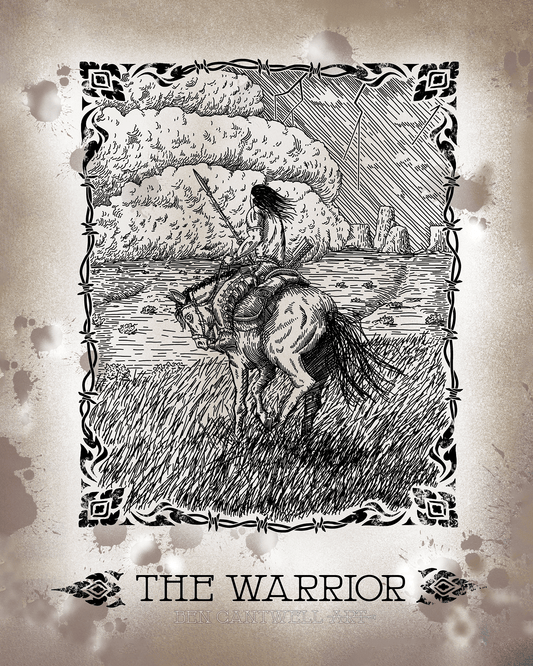 Print titled The Warrior by Ben Cantwell Art featuring a detailed illustration of a fierce warrior in dynamic pose.