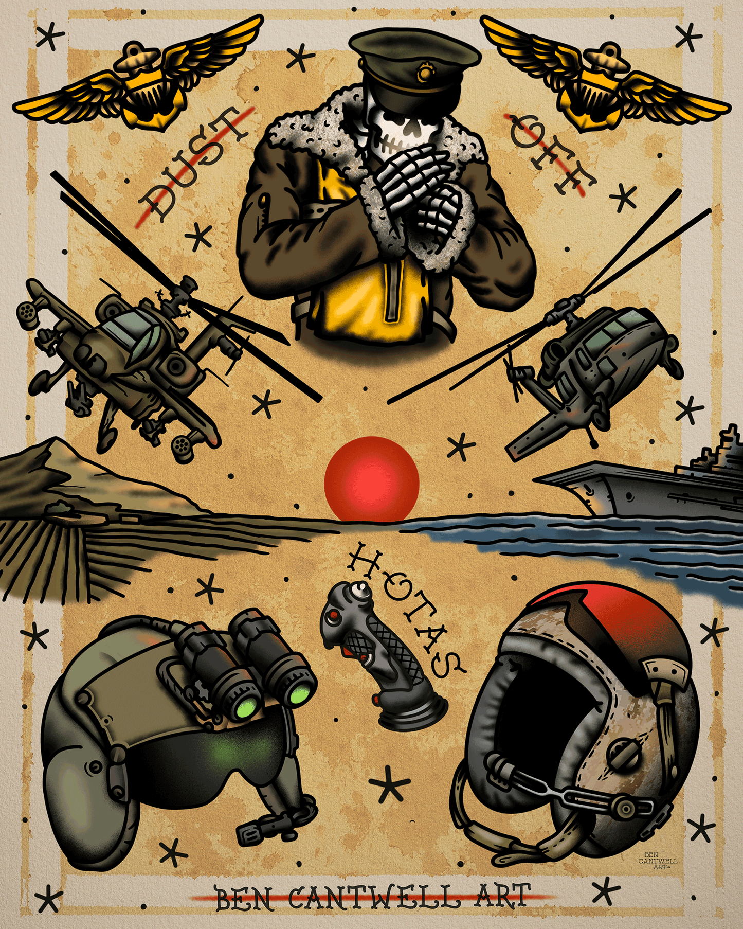 Print of an aviation flash sheet by Ben Cantwell Art, featuring detailed aircraft and aviation symbols on a white background.