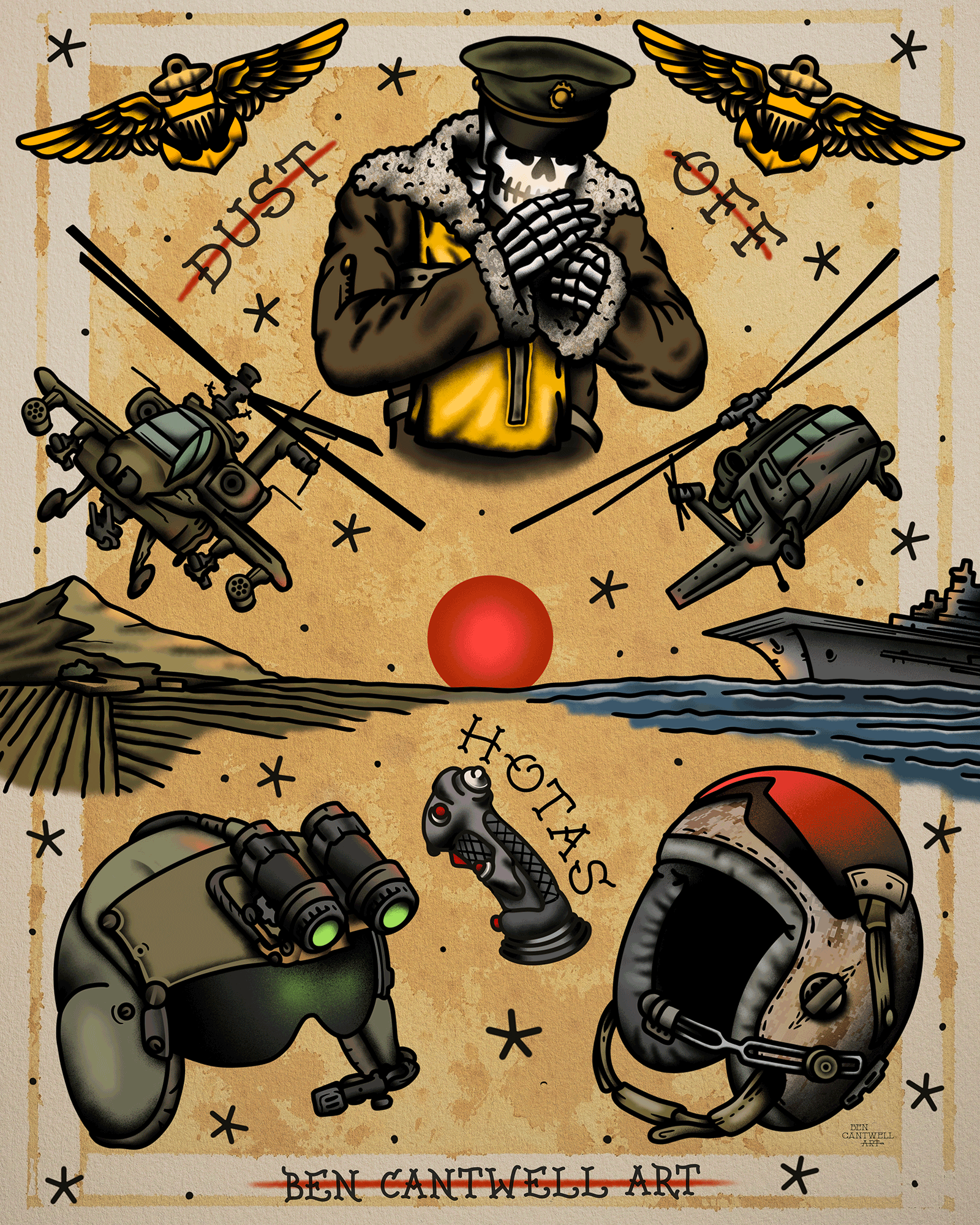 Print of an aviation flash sheet by Ben Cantwell Art, featuring detailed aircraft and aviation symbols on a white background.