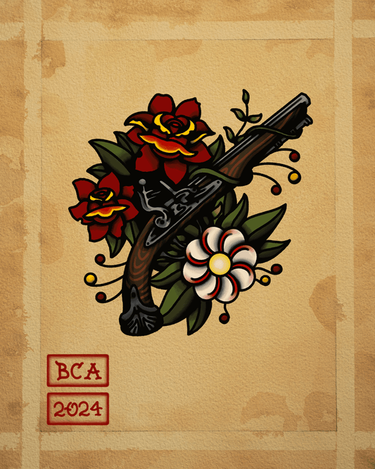 Print artwork from Ben Cantwell Art's BCA 2024 Collection featuring a pistol and flowers in a detailed, artistic design.