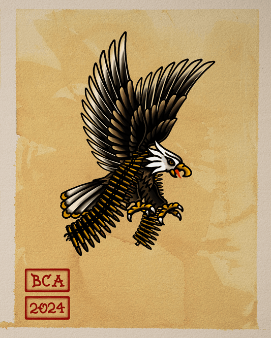 Print artwork of an eagle with a bandoleer from the BCA 2024 Collection by Ben Cantwell Art.
