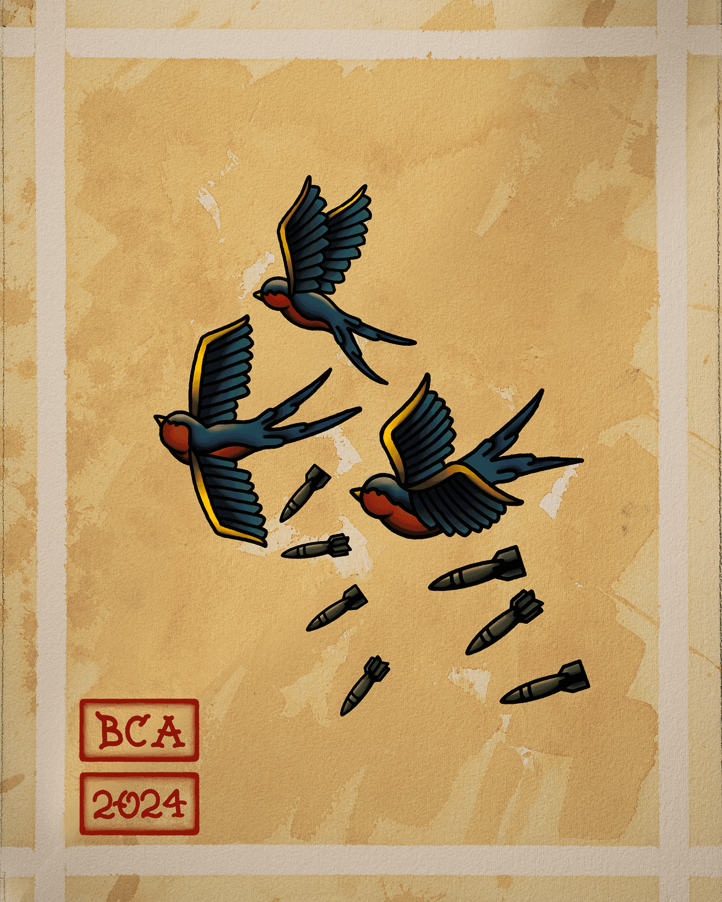 Print artwork from Ben Cantwell Art's 2024 Collection featuring sparrows and bombs in a detailed, artistic design.